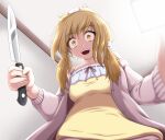  1girl :d blonde_hair breasts cardigan cleavage commentary_request constricted_pupils cowboy_shot crazy_eyes dress from_below hair_between_eyes holding holding_knife inaba_haneru_(animare) indoors kemunpasu_(keeen) knife long_hair long_sleeves looking_at_viewer looking_down medium_bangs medium_breasts nanashi_inc. neck_ribbon open_cardigan open_clothes open_mouth pink_sweater ribbon sidelocks smile solo sweater teeth upper_teeth_only virtual_youtuber yellow_dress yellow_eyes 