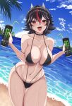  1girl absurdres alternate_costume beach bikini black_bikini black_choker black_hair blue_sky blush brand_name_imitation breasts can choker cleavage cloud commentary cowboy_shot day drinking_straw dual_wielding fisheye hair_between_eyes highres holding holding_can horizon horns hossy kijin_seija large_breasts long_bangs looking_at_viewer monster_energy multicolored_hair navel ocean open_mouth outdoors palm_tree red_hair sand short_hair sky small_horns smile solo streaked_hair sweat swimsuit tongue tongue_out touhou tree water white_hair white_horns 