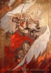  absurdres angel_wings armor blonde_hair blood_angels blue_eyes breastplate dated feathers gauntlets ginias graves highres holding holding_sword holding_weapon imperium_of_man laurel_crown long_hair pauldrons primarch red_eyes sanguinius shoulder_armor slit_pupils sword warhammer_40k weapon wings 