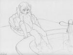  2015 anthro arm_support biped black_and_white breasts domestic_ferret eyebrows female genitals hair inside leg_in_water leg_markings long_hair malachyte mammal markings monochrome monya mustelid musteline navel nipples nude pussy round_ears sink sitting small_breasts soap soap_bubbles socks_(marking) solo true_musteline water weasel 