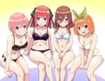  4girls :d bangs between_legs black_bra black_panties black_ribbon blue_bra blue_eyes blue_panties bow bow_panties bra breasts brown_hair butterfly_hair_ornament collarbone commentary commission crossed_legs go-toubun_no_hanayome green_hairband hair_between_eyes hair_ornament hair_ribbon hairband hand_between_legs large_breasts long_hair looking_at_viewer multiple_girls nakano_ichika nakano_miku nakano_nino nakano_yotsuba navel orange_hair panties pink_hair purple_bra purple_panties ribbon short_hair siblings side-tie_panties simple_background sisters sitting skeb_commission smile two_side_up underwear underwear_only vierosky white_bra white_panties 