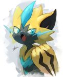  1other :3 animal_ears animal_nose artist_name black_fur blue_eyes blue_fur body_fur border cat_ears clenched_hand commentary fangs furry grey_background hand_up happy highres ikei lightning_bolt_symbol looking_at_viewer multicolored_fur neck_fur open_mouth other_focus pokemon pokemon_(creature) signature simple_background smile solo symbol-only_commentary upper_body whiskers white_border yellow_fur zeraora 