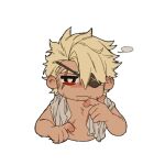  1boy bara bara_pirate blonde_hair chibi cropped_torso eyepatch facial_hair fang kuroshima_kurishiro_(muyi24108414) male_focus muscular muscular_male nude original pirate red_eyes scar scar_across_eye short_hair sideburns skin_fang solo stubble 