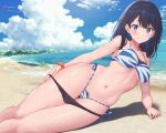  1girl aircraft airplane arm_support beach bikini bikini_pull black_bikini black_hair blue_eyes blue_sky blush breasts cameltoe closed_mouth clothes_pull cloud cloudy_sky collarbone commentary_request covered_nipples day feet_out_of_frame female_pubic_hair gridman_universe halterneck hand_on_own_thigh highleg highleg_bikini highres horizon large_breasts long_hair looking_at_viewer lying micro_bikini mountain navel ocean on_side orange_scrunchie outdoors paid_reward_available pasya-pasya pubic_hair sand scrunchie shadow shore side-tie_bikini_bottom skindentation sky smile solo ssss.gridman stomach swimsuit takarada_rikka thighs water wrist_scrunchie 