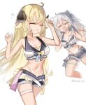  2girls :d ^_^ ahoge animal_ears bare_arms bare_shoulders belt black_shorts blonde_hair breasts cleavage closed_eyes collarbone commentary curled_horns derivative_work drooling flying_sweatdrops grey_hair hair_between_eyes highres hololive hololive_summer_2023_swimsuit horns lion_ears long_hair medium_breasts motion_blur multiple_girls navel nervous_sweating open_mouth screencap_redraw sheep_ears sheep_girl sheep_horns short_shorts shorts simple_background smile sobbi11 stomach sweat thigh_strap twintails twitter_username very_long_hair virtual_youtuber white_background 