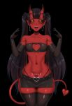  1girl :d bandeau bare_shoulders black_background black_choker black_gloves black_hair black_sclera black_thighhighs blunt_bangs breasts choker cleavage_cutout clothing_cutout collarbone colored_sclera colored_skin commentary cowboy_shot demon_girl demon_tail ear_piercing earrings elbow_gloves fangs gloves heart heart_cutout heart_tattoo highres hoop_earrings horns jewelry long_hair microskirt navel open_mouth original piercing pointy_ears pubic_tattoo red_hair red_skin simple_background skirt small_breasts smile solo stomach studded_choker tail tattoo thick_thighs thigh_gap thighhighs thighs tongue_piercing twintails twrlare very_long_hair wide_hips yellow_eyes 