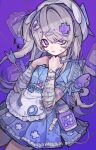  1girl apron arrow_(projectile) bandaged_arm bandages blue_dress dress grey_hair highres long_hair one_side_up original pill_hair_ornament puffy_short_sleeves puffy_sleeves purple_eyes short_sleeves solo tira_27 white_apron white_headwear 