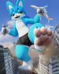  2023 3d_(artwork) absurd_res ade_(blueade) aircraft anthro bike_shorts black_clothing blue_body blue_fur blue_hair bottomwear building bulge canid canine car city clothing crushed_vehicle destruction detailed_bulge digital_media_(artwork) dirty_paws extreme_size_difference feet foot_crush fur group hair hi_res kick macro male mammal motion_blur multicolored_body multicolored_fur pawpads paws shorts size_difference smoke sneer street tight_bottomwear tight_clothing tight_shorts toes tooeks two_tone_body two_tone_fur vehicle white_body white_fur 