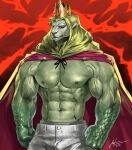  2023 abs adventure_time alexxxnttt anthro areola barazoku biceps bottomwear cape cartoon_network clothed clothing crown digital_media_(artwork) fangs felid fur green_body green_scales headgear hi_res hybrid lion male mammal mane muscular muscular_anthro muscular_male navel nipples pantherine pants pecs reptile scales scalie signature solo teeth topless vampire vampire_king vein veiny_muscles 