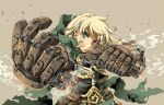  1girl battle_chasers blonde_hair cape gauntlets gloves green_eyes gully_(battle_chasers) kasetsu_03 long_hair looking_at_viewer simple_background solo 