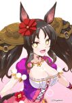  +_+ 1girl animal_ears black_hair breasts cleavage commentary_request dress ear_ornament fang gradient_background horse_ears horse_girl large_breasts long_hair looking_at_viewer marvelous_sunday_(umamusume) mikage_takashi open_mouth pink_background puffy_short_sleeves puffy_sleeves purple_dress saddle_hair_ornament short_sleeves smile solo twitter_username umamusume yellow_eyes 