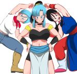  3girls bare_shoulders black_eyes black_hair blue_dress blue_eyes blue_hair blue_pants blush boots breasts bulchi bulma chi-chi_(dragon_ball) china_dress chinese_clothes cleavage code_null dragon_ball dragon_ball_(classic) dragon_ball_super dress fusion fusion_dance hands_on_hips long_hair looking_at_viewer midriff multiple_girls navel neckerchief open_mouth pants ponytail red_neckerchief red_sash red_wristband sash shirt short_hair short_sleeves sidelocks simple_background sleeveless smirk white_background white_shirt 