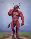 abs anthro antlers buffalo deer hi_res horn hybrid male mamaubear mammal muscular muscular_anthro muscular_male pecs pubes red_body solo tail 
