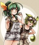  2girls :3 alternate_costume blush brown_background brown_overalls brown_shirt collarbone cowboy_shot goggles goggles_on_head green_hair grey_overalls hair_over_shoulder hands_on_own_hips hands_up highres leaning_forward looking_at_viewer low_ponytail multicolored_background multiple_girls natsu_tuna open_mouth overall_shorts overalls playing_with_own_hair ponytail shirt sleeveless sleeveless_shirt smile spaghetti_strap strap_slip touhoku_zunko voiceroid voicevox white_background yellow_eyes zundamon 