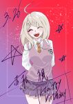  1girl :d absurdres ahoge akamatsu_kaede arms_behind_back blonde_hair brown_necktie closed_eyes collared_shirt cowboy_shot danganronpa_(series) danganronpa_v3:_killing_harmony dated facing_viewer hair_ornament happy_birthday highres long_hair man_ni miniskirt musical_note musical_note_hair_ornament musical_note_print necktie pink_background pink_sweater_vest pink_vest pleated_skirt red_background shirt skirt smile solo sweater_vest teeth translation_request upper_teeth_only vest white_shirt 