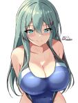  1girl aqua_eyes aqua_hair black_one-piece_swimsuit blue_one-piece_swimsuit blush breasts competition_swimsuit covered_navel cowboy_shot dated hair_between_eyes hair_ornament hairclip highres impossible_clothes impossible_swimsuit kantai_collection large_breasts long_hair looking_at_viewer montemasa one-hour_drawing_challenge one-piece_swimsuit simple_background smile solo suzuya_(kancolle) swimsuit twitter_username two-tone_swimsuit white_background 