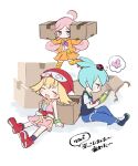  1boy 2girls ahoge amitie_(puyopuyo) belt black_socks blonde_hair blue_eyes blue_hair blue_pants blue_socks blush_stickers box bug bug_print cardboard_box carrying chibi eyelashes hooded_shirt insect_on_head jacket jitome kashima_miyako ladybug multiple_girls neckerchief open_mouth orange_jacket orange_skirt orange_thighhighs pants pink_hair pleated_skirt purple_neckerchief puyopuyo puyopuyo_fever raffina_(puyopuyo) reading red_belt red_headwear shirt short_sleeves sig_(puyopuyo) sitting skirt socks spoken_animal striped striped_thighhighs t-shirt thighhighs thought_bubble translation_request walking white_background 