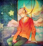  1boy angel_wings artist_name asymmetrical_hair black_headphones blue_pants blue_sky cable closed_mouth cloud collarbone commentary commission crescent_moon crescent_print denim english_commentary feathered_wings feet_out_of_frame holding holding_wand hoshi-pan indoors jacket jeans light_blush long_sleeves male_focus moon orange_jacket original pants red_eyes shirt sky smile solo sparkle star_(symbol) wand white_hair white_shirt white_wings window wings zipper zipper_pull_tab 