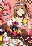  1girl :q absurdres black_ribbon blush bow box breasts brown_eyes brown_hair candy chocolate cleavage dress food frilled_dress frills hair_bow hair_ribbon heart heart-shaped_chocolate highres kuromayu large_breasts long_hair looking_at_viewer one_eye_closed original ponytail puffy_short_sleeves puffy_sleeves ribbon short_sleeves simple_background solo star_(symbol) tongue tongue_out 