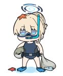  1girl animal bag bare_arms bare_shoulders blonde_hair blue_archive blue_one-piece_swimsuit carrying carrying_under_arm chibi commentary_request diving_mask fish flippers full_body goggles hair_between_eyes hair_bun halo holding holding_bag nyaru_(nyaru_4126) one-piece_swimsuit puddle sacabambaspis simple_background snorkel solo standing starfish swimsuit toki_(blue_archive) water white_background 