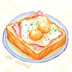  cococatng dated food food_focus fried_egg fried_egg_on_toast hug meat no_humans original personification smile toast 