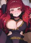  1boy 1girl arm_up black_bodysuit blush bodysuit bouncing_breasts breasts choker clenched_teeth covered_navel fire_emblem fire_emblem_engage hair_ornament hetero highres large_breasts long_hair looking_at_viewer lying motion_lines nipples on_back one_breast_out parted_lips pillow pov purple_choker red_eyes red_hair solo_focus sooon spread_legs star_(symbol) star_hair_ornament teeth v-shaped_eyebrows very_long_hair yunaka_(fire_emblem) 