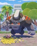  banana blue_eyes blush_stickers building closed_mouth eating fence food fruit gorilla gorimondo grass highres kirby kirby_(series) kirby_and_the_forgotten_land leaf miclot no_humans open_mouth outdoors palm_tree pink_footwear shoes sweat tree 