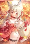  1girl :o animal_ear_fluff animal_ears ass autumn_leaves bell black_choker blurry blurry_background blush bow breasts choker clenched_hands collarbone commentary_request double-parted_bangs fox_ears fox_tail frilled_choker frills grey_hair hair_between_eyes hakama hakama_skirt holding holding_leaf japanese_clothes jingle_bell leaf light_blush long_hair looking_at_viewer maple_leaf medium_breasts melonbooks miko momozu_komamochi no_panties official_art open_mouth original pantyhose red_bow red_eyes red_hakama revealing_tanlines ribbon-trimmed_sleeves ribbon_trim skirt solo tail tail_bow tail_ornament tan tanlines thigh_strap upskirt w_arms watermark white_pantyhose wide_sleeves 