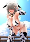  1girl animal_ears animal_print areola_slip arm_up ass_visible_through_thighs bell bikini blush breasts cleavage collarbone cow_earrings cow_ears cow_horns cow_print cow_print_bikini cowbell cowboy_shot elbow_gloves fence fingerless_gloves gloves grey_hair hair_over_eyes hand_on_own_thigh highres horns large_breasts leaning_forward long_bangs looking_at_viewer open_mouth osuzu_akiomi outdoors short_hair side-tie_bikini_bottom skindentation solo standing swimsuit teeth thighhighs underboob upper_teeth_only uzaki-chan_wa_asobitai! uzaki_yanagi v wooden_fence 