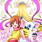  2girls angel angewomon animal_ears blue_eyes brown_hair cat cat_ears digimon digimon_(creature) digimon_adventure gloves happy head_wings holy_ring long_hair lowres mamiya_myanmar mask multiple_girls red_eyes short_hair tail tailmon wings yagami_hikari 