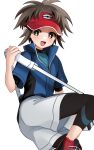  1boy absurdres bag black_leggings brown_eyes brown_hair highres holding kayupon leggings looking_at_viewer male_focus nate_(pokemon) open_mouth pokemon pokemon_(game) pokemon_bw2 shoes shorts simple_background solo visor_cap white_background white_shorts 