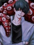  1boy black_eyes black_hair black_shirt chainsaw_man crossed_arms facing_viewer hair_between_eyes head_tilt jacket looking_at_viewer mole mole_under_mouth mon_star200cc octopus_devil_(chainsaw_man) shirt short_hair smile solo tentacles white_jacket yoshida_hirofumi 