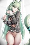  1girl :p absurdres animal_ear_fluff animal_ears arknights black_bra bottomless bra breasts breasts_out cardigan cat_ears cat_tail commentary_request cowboy_shot green_eyes green_hair grey_cardigan harmonie_(arknights) highres infection_monitor_(arknights) large_breasts long_hair long_sleeves looking_at_viewer nopetroto open_cardigan open_clothes pussy solo tail thighs tongue tongue_out uncensored underwear very_long_hair 