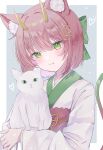  1girl animal_ear_fluff animal_ears blush bow cat cat_ears green_bow green_eyes gusao hair_bow highres japanese_clothes kimono pink_hair short_hair smile solo white_cat white_kimono yellow_horns yomogi_mogu youtube 