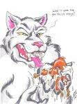  anthro bushycat canid canine canis colored duo english_text fangs fox larger_male licking macro male male/male mammal micro micro_on_macro rogue size_difference smaller_male teeth text tongue tongue_bath tongue_out wolf 