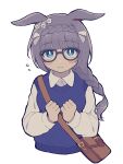  1girl alternate_costume animal_ears bag black-framed_eyewear black_hair blue_eyes blue_sweater_vest blush braid braided_ponytail brown_bag clenched_hands closed_mouth collared_shirt commentary_request crown_braid ear_ornament ears_down glasses highres horse_ears horse_girl long_sleeves looking_at_viewer rjsn shirt shoulder_bag simple_background solo sweater_vest umamusume white_background white_shirt zenno_rob_roy_(umamusume) 