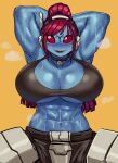  1girl abs alien armor armpits arms_behind_head black_choker blue_skin breasts choker cleavage colored_sclera colored_skin commentary english_commentary ezzyecchi headset highres huge_breasts looking_at_viewer muscular muscular_female no_nose ponytail red_eyes red_hair red_sclera solid_eyes solo sweat t&#039;au tank_top underboob warhammer_40k 