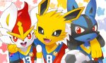  3boys animal_ears animal_hands animal_nose arm_around_neck artist_name ball black_fur black_sclera blue_fur body_fur bright_pupils chromatic_aberration cinderace clothed_pokemon colored_sclera commentary_request fang furry furry_male hand_up happy highres holding holding_ball jolteon kiki_(431642) looking_at_viewer lucario male_focus multicolored_shirt multiple_boys open_mouth outline personification pokemon pokemon_(creature) rabbit_boy rabbit_ears red_eyes red_hair short_hair short_sleeves smile snout soccer_ball soccer_uniform sportswear star_(symbol) starry_background sweatband twitter_username two-tone_fur watermark waving white_eyes white_fur white_outline white_pupils wolf_boy wolf_ears yellow_fur 