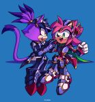  2girls amy_rose animal_ears armor blaze_the_cat cat_girl cat_tail clenched_hand ear_armor feeding gloves green_eyes highres hlane knight multiple_girls ponytail simple_background sitting smile sonic_(series) sonic_and_the_black_knight tail yellow_eyes yuri 