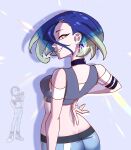  1girl ass black_choker black_vest blue_hair bob_cut brown_eyes choker crop_top denim hand_on_own_hip hand_wraps highres jeans loose_hair_strand midriff off-shoulder_shirt off_shoulder pants perrin_(pokemon) photographer pokemon pokemon_(game) pokemon_sv rhymewithray shirt short_sleeves solo vest white_shirt 