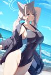  1girl animal_ears arm_up armpits bag beach blue_archive blue_bag blue_eyes blue_jacket blush breasts closed_mouth collarbone covered_navel cross_hair_ornament extra_ears grey_hair hair_ornament halo highleg highleg_swimsuit highres jacket large_breasts liya long_sleeves looking_at_viewer ocean official_alternate_costume open_clothes open_jacket outdoors shiroko_(blue_archive) shiroko_(swimsuit)_(blue_archive) shoulder_bag sidelocks solo swimsuit thighs unzipped water wolf_ears 