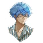  1boy andersen_(alice_fiction) blue_eyes blue_hair collarbone collared_shirt expressionless fate/grand_order fate_(series) glasses hans_christian_andersen_(adult)_(fate) hans_christian_andersen_(fate) male_focus shirt short_hair solo striped striped_shirt touchika upper_body 