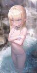  1girl absurdres bikini bingwei_huang blonde_hair blush breasts choker closed_mouth commentary commentary_request elf highres long_hair navel original partially_submerged pointy_ears small_breasts solo standing swimsuit symbol-only_commentary twitter_username water wet white_bikini white_choker 