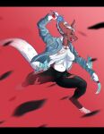  absurd_res angry anthro black_bars clothing dagger denim denim_clothing denim_jacket fangs fangs_bared female fenril_(spicy_flakes) fur hi_res ice inner_ear_fluff karambit leggings legwear letterbox melee_weapon omaira_jeckals red_background red_body red_eyes red_fur screameh shirt simple_background solo teeth topwear torn_clothing tuft weapon white_body white_clothing white_fur white_inner_ear_fluff white_shirt white_topwear 