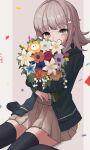  1girl 3xens blush brown_hair danganronpa_(series) danganronpa_2:_goodbye_despair flipped_hair flower galaga hair_ornament highres holding holding_flower hood jacket long_sleeves looking_at_viewer medium_hair nanami_chiaki pink_eyes ribbon shirt skirt smile solo thighhighs white_shirt 