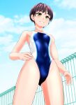  1girl absurdres black_hair blue_one-piece_swimsuit blue_sky breasts brown_eyes cameltoe cloud commentary_request competition_swimsuit covered_navel day fence from_below grin groin hand_on_hip highleg highleg_swimsuit highres looking_at_viewer multicolored_clothes multicolored_swimsuit one-piece_swimsuit original outdoors sky small_breasts smile solo swimsuit takafumi tomboy two-tone_swimsuit 