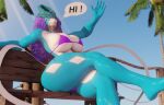  3d_(artwork) anthro big_breasts bikini breasts clothing crossed_legs digital_media_(artwork) female generation_2_pokemon hair legendary_pokemon multicolored_body nintendo pokemon pokemon_(species) purple_hair solo suicune swimwear thick_thighs two_tone_body xlkev 