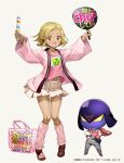  1boy 1girl angol_mois bag blonde_hair cardigan frog fujima_takuya garuru happi hat japanese_clothes keroro_gunsou official_art open_mouth pants shirt shoes short_hair simple_background skirt socks yellow_eyes 