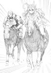  1girl 1other ahoge animal_ears closed_mouth commentary_request detached_sleeves ear_covers ear_ornament emphasis_lines hair_between_eyes hair_ornament hairclip headband highres horse horse_ears horse_racing horse_tail long_hair mihono_bourbon_(umamusume) monochrome robot running sa_(xwfm8875) serious tail thighhighs umamusume white_background 