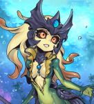  1girl armor black_armor black_sclera blonde_hair breasts brown_hair colored_sclera colored_skin green_skin grin helmet large_breasts league_of_legends long_hair mermaid monster_girl multicolored_skin nami_(league_of_legends) navel orange_eyes phantom_ix_row shiny_skin smile solo teeth two-tone_skin underwater upper_body 